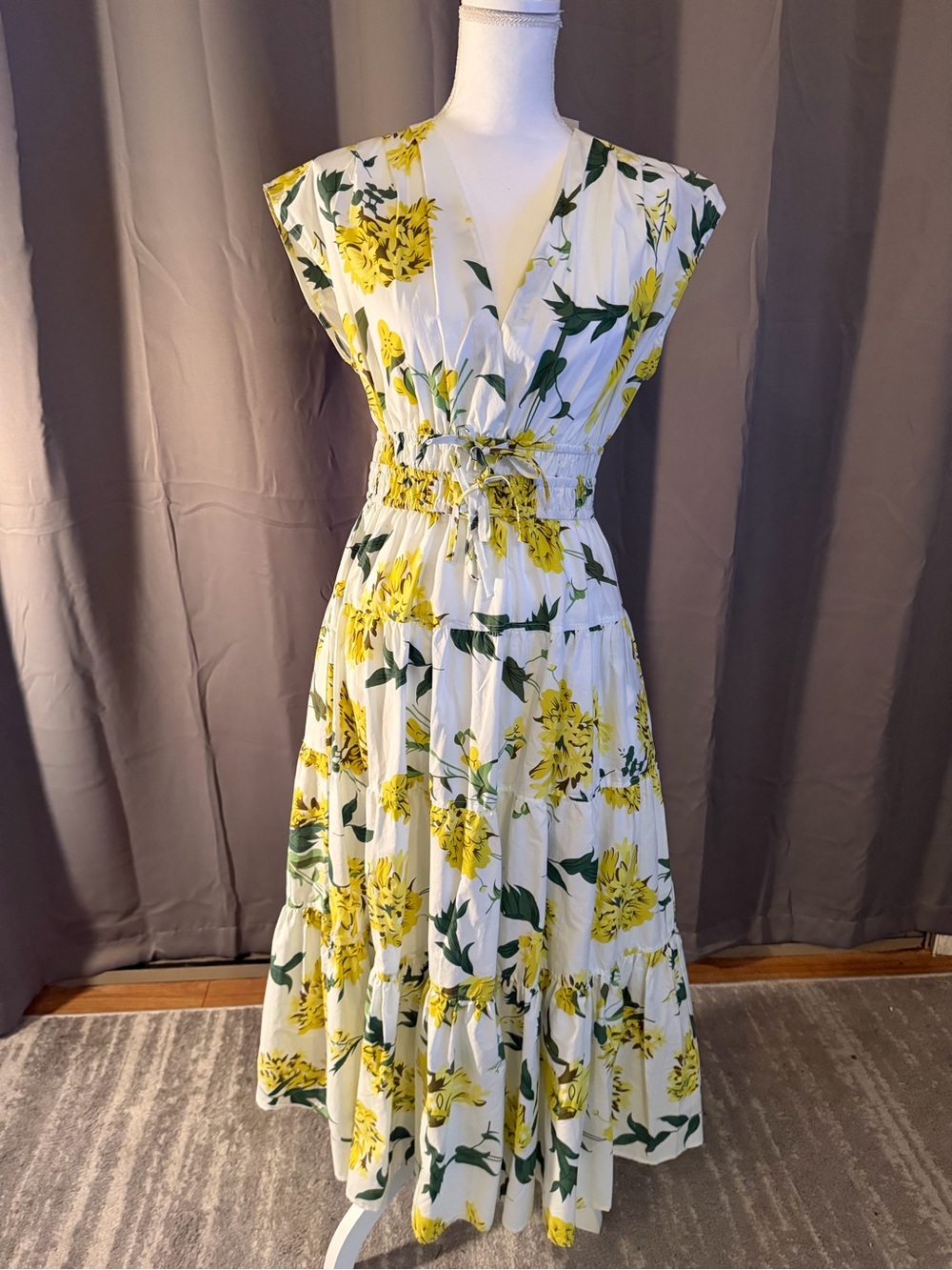 Nicole Miller White Floral Midi Dress with Yellow Blooms